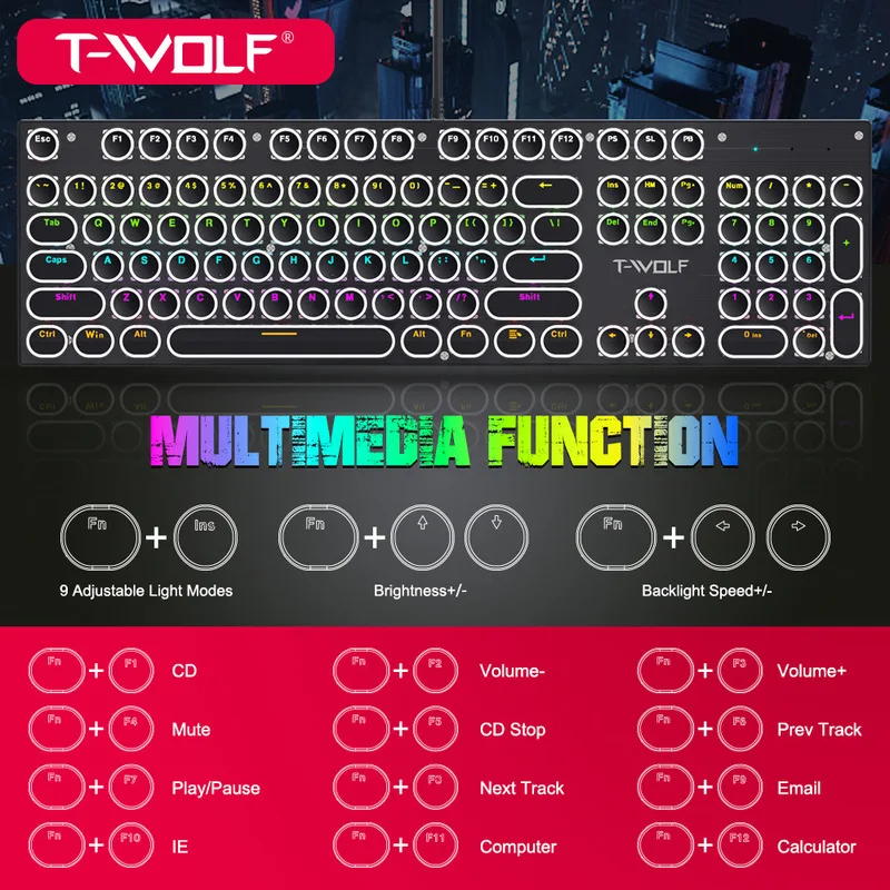 Imagem -02 - Wired Teclado Mecânico para Jogos Computador Luminoso Punk Retro Teclas Redondas Ergonômico Jogo de Esportes T75