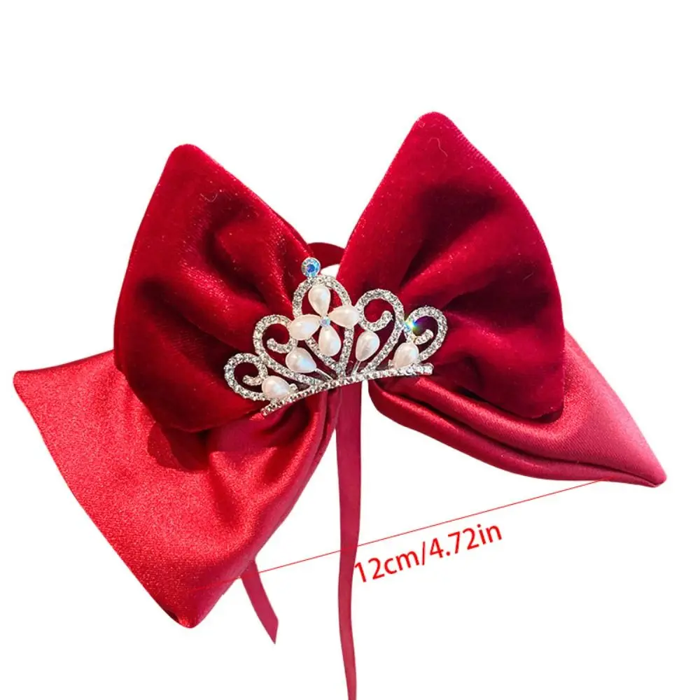 Plush Children Red Velvet Bow Hairpin Cloth Pearl Chinese New Year Headwear Tang Suit Hair Clip Crystal Crown