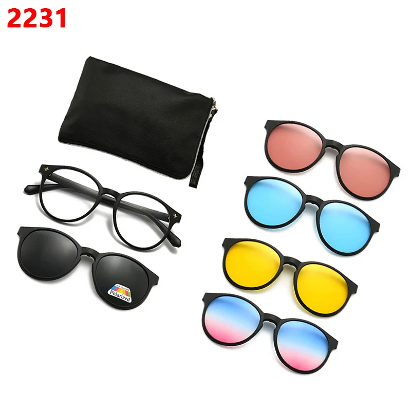 6 In 1 Polarized Sunglasses Men Women Magnetic Clip On Glasses TR90 Optical Prescription Eyeglass Frames Magnet Clips 2231