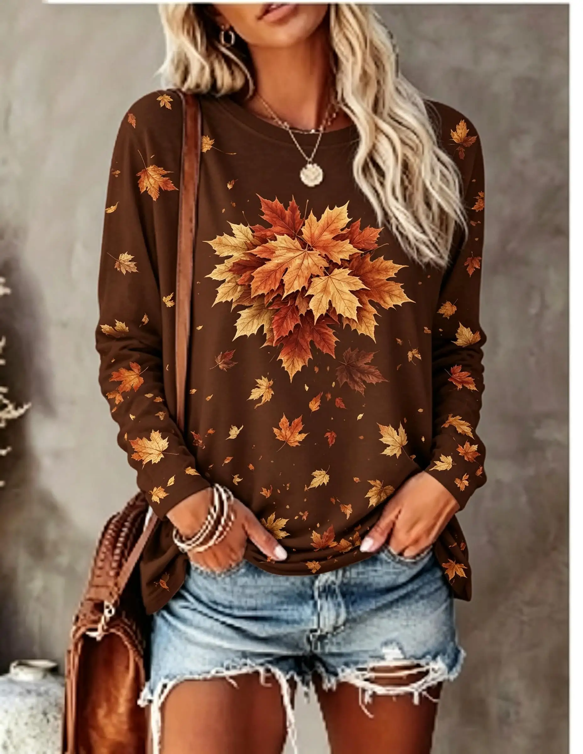 Women Long Sleeve T‑Shirt Ethnic Geometric Maple Leaf Fall Thanksgiving Print Crew Neck Casual Tops