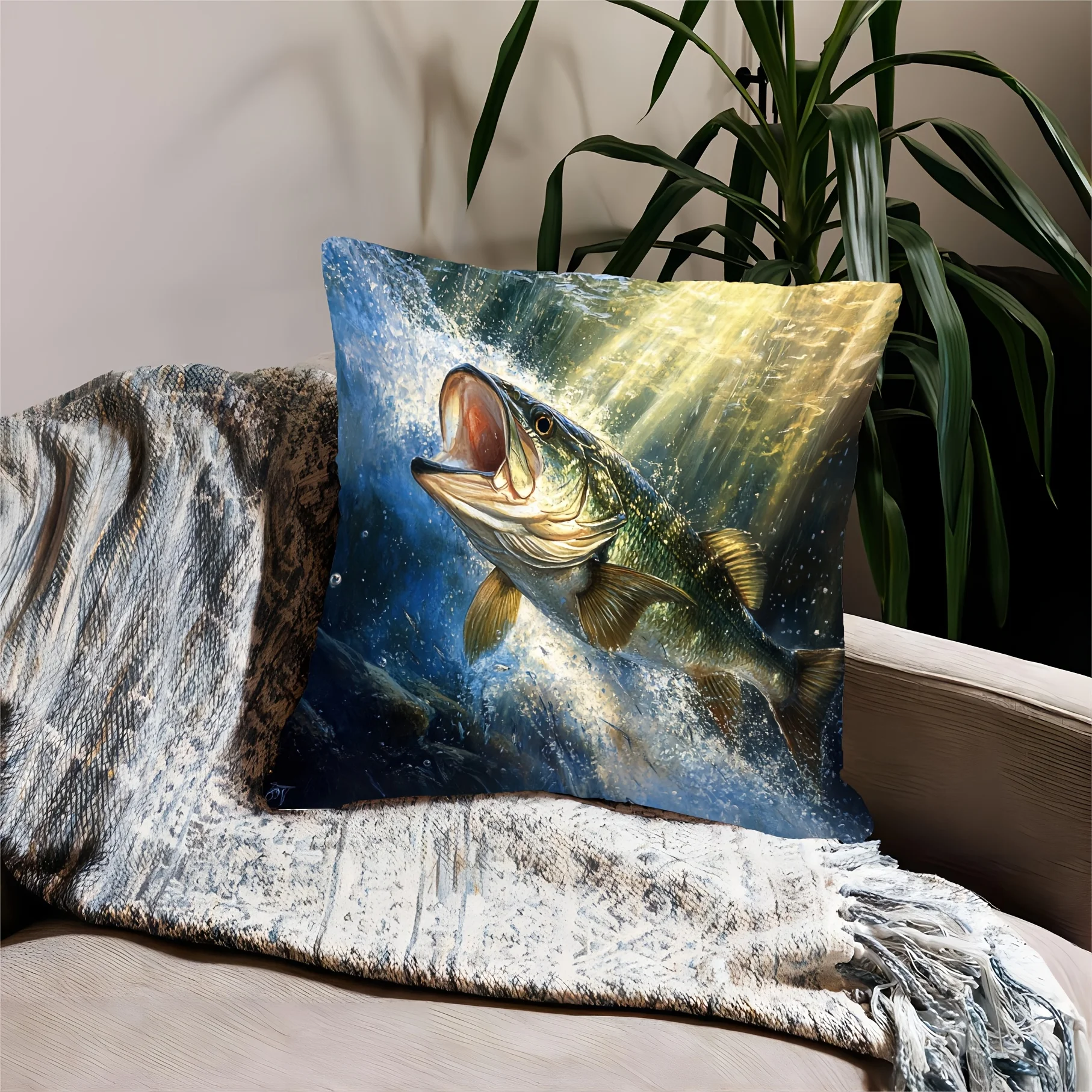 Fishing Fish Pillowcase Wildlife Aquatic Animal Print Decorative Square Cushion Cover for Bedroom Home Decor Nautical Gift