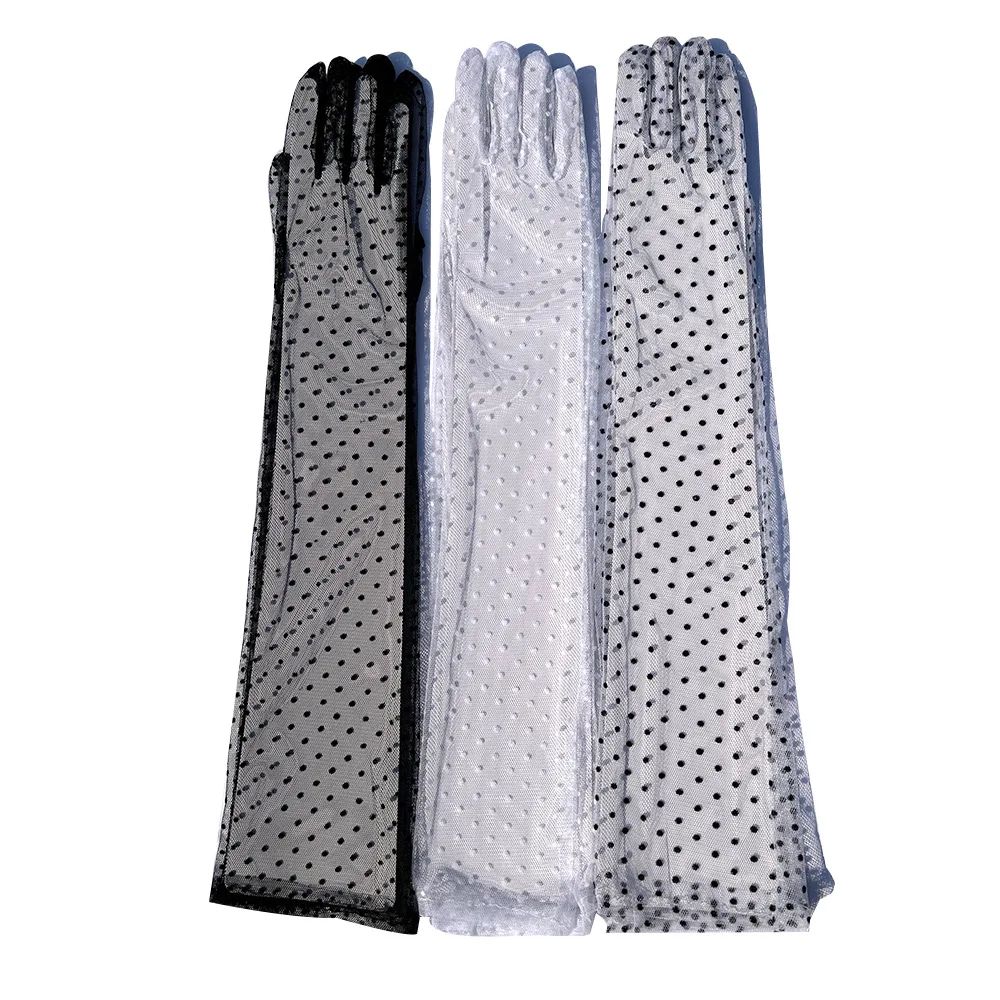 Women's Ladies Long Dots Lace Elegant Sheer Gloves Courtesy Summer for Evening Dinner Parties Lace Net Yarn Gloves