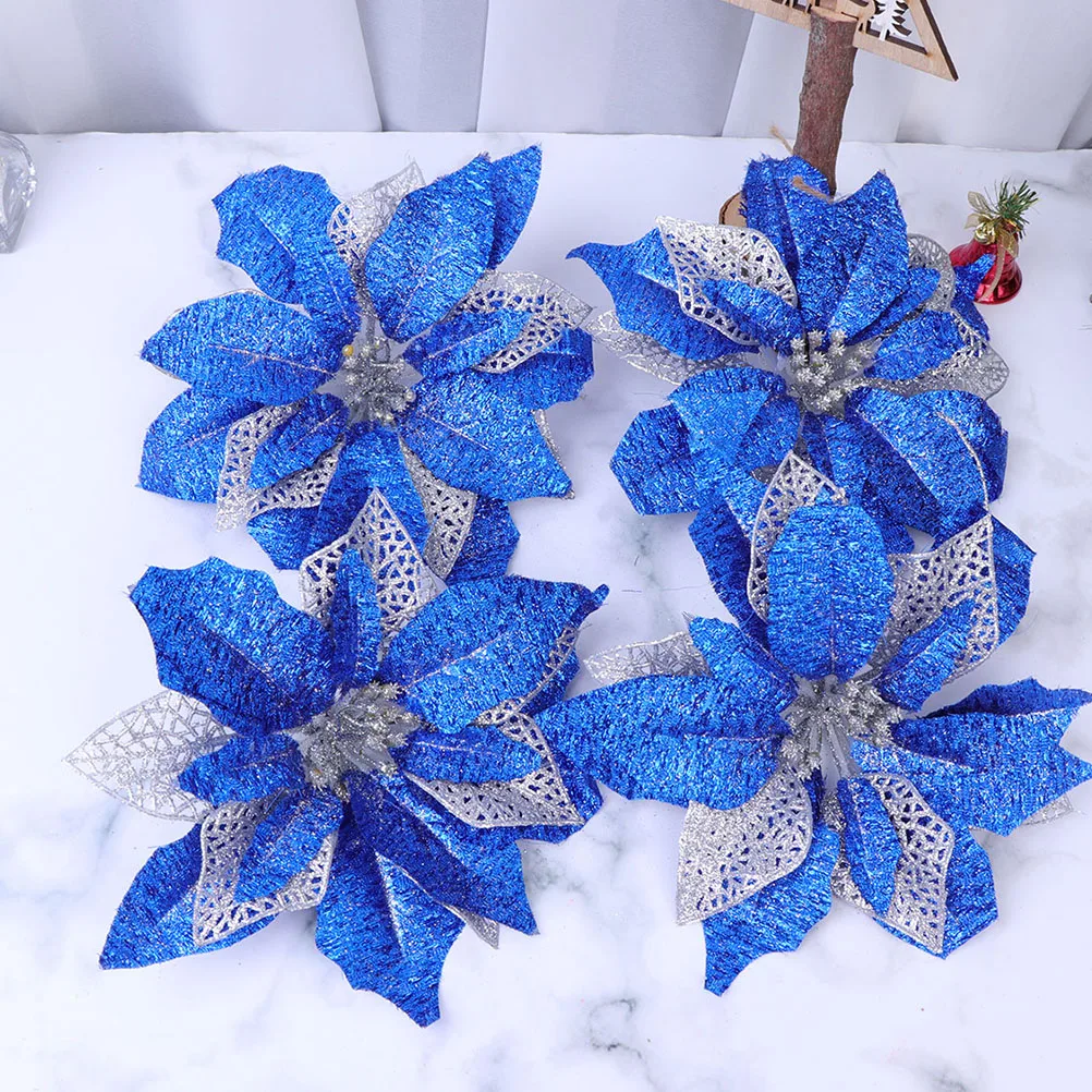 

5 Pcs Christmas Ornaments Red Simulated Flowers Floral Artificial Blue Decorations