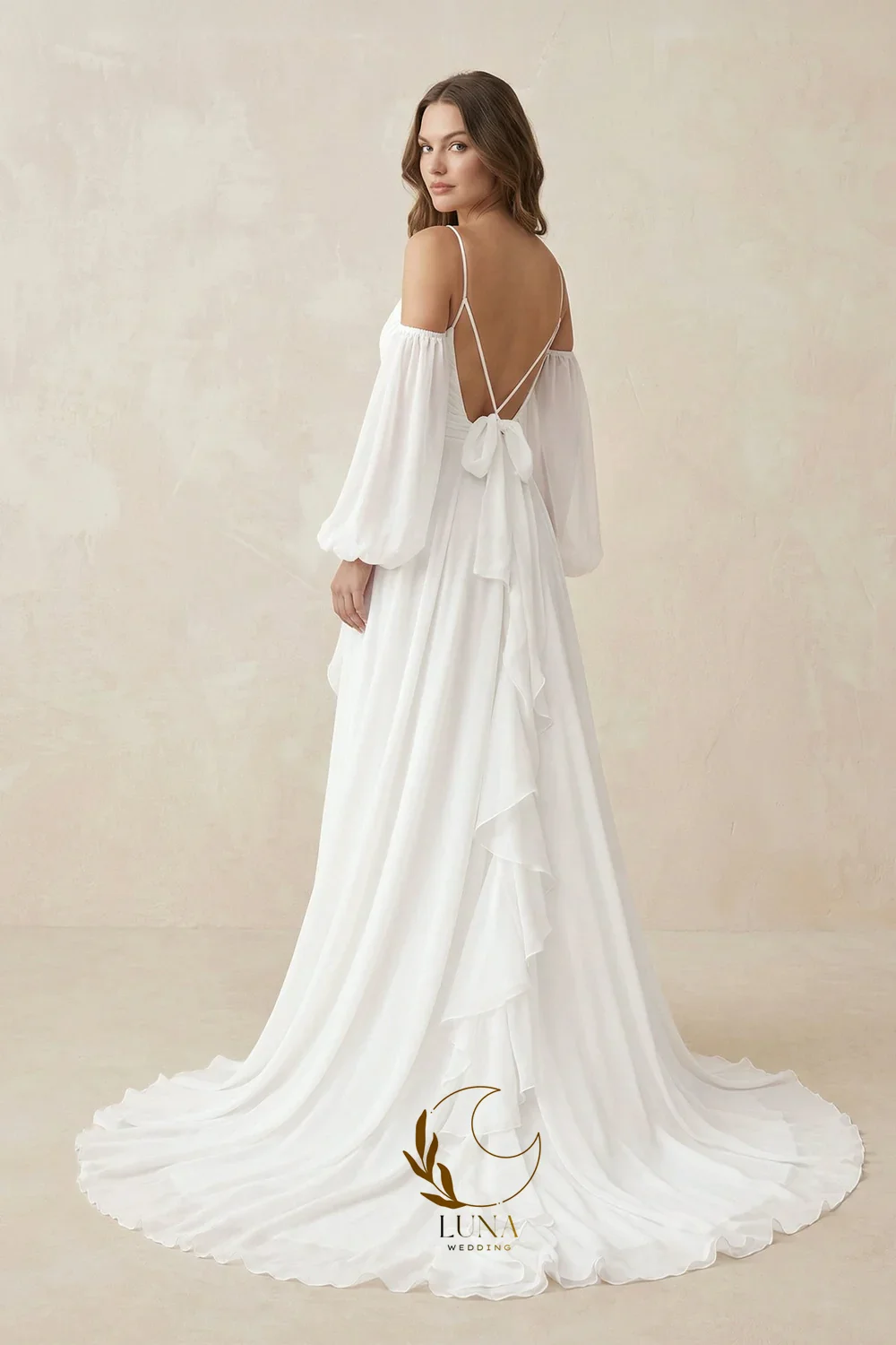 Luna Customized Ruffled Chiffon A-Line Civil Wedding Dress With Detachable Sleeves Spaghetti Straps Backless Long Bridal Gown