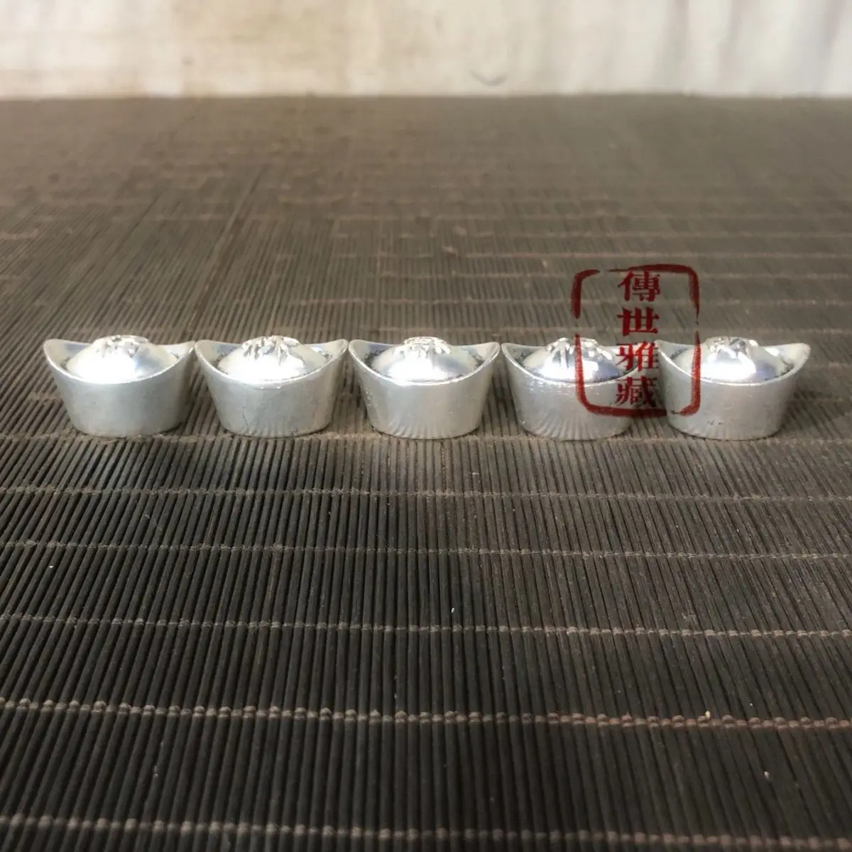 Fu Lu Shou Xi Cai Wu Bao Yin Yuan Bao 5 Set White Copper Silver Plated Treasure Basin