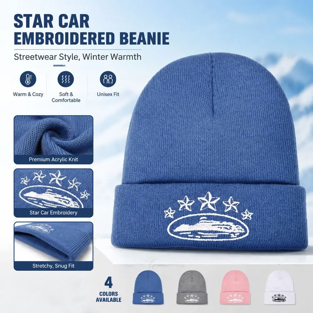 Folded Cuff Knitted Beanie Star Embroidery Stretch Fit Winter Beanie Casual Style Knitted Fabric Cuffed Beanie Hat Winter Wear