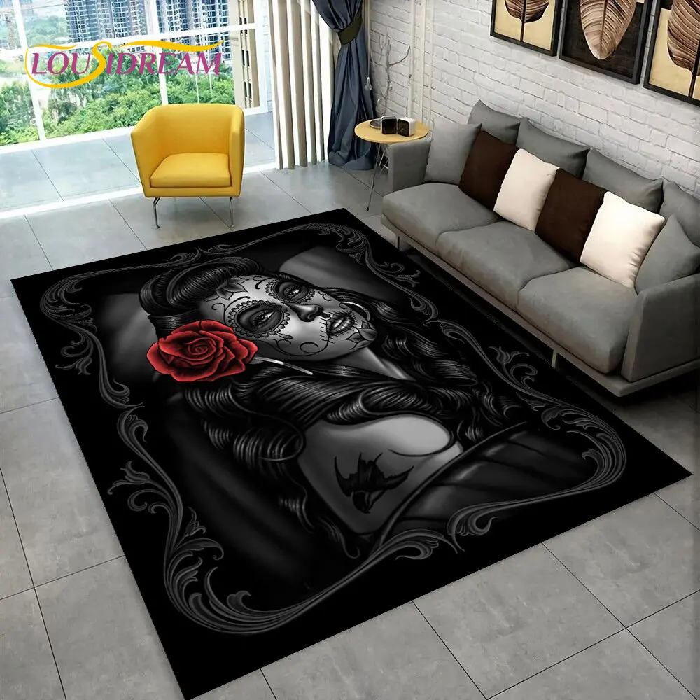 3D Gothic Horror Female Skull Dead Girl Area Rug,Carpet Rug for Home Living Room Bedroom Sofa Doormat Decor,Non-slip Floor Mat