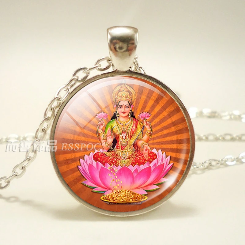 Lakshmi Goddess Glass Dome Fashion Accessories Necklace Jewelry Hinduism Amulet Charm Glass Cabochon Pendant for Him or Her