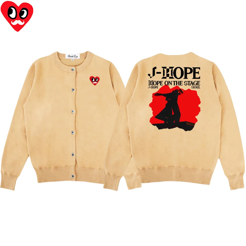 Kpop J-Hope Hope World Tour 2025, bedruckt, Damen-Strickjacke, rote Augen, Bart, Herz-Stickerei, Baumwolle, O-Ausschnitt, einreihiger Pullover