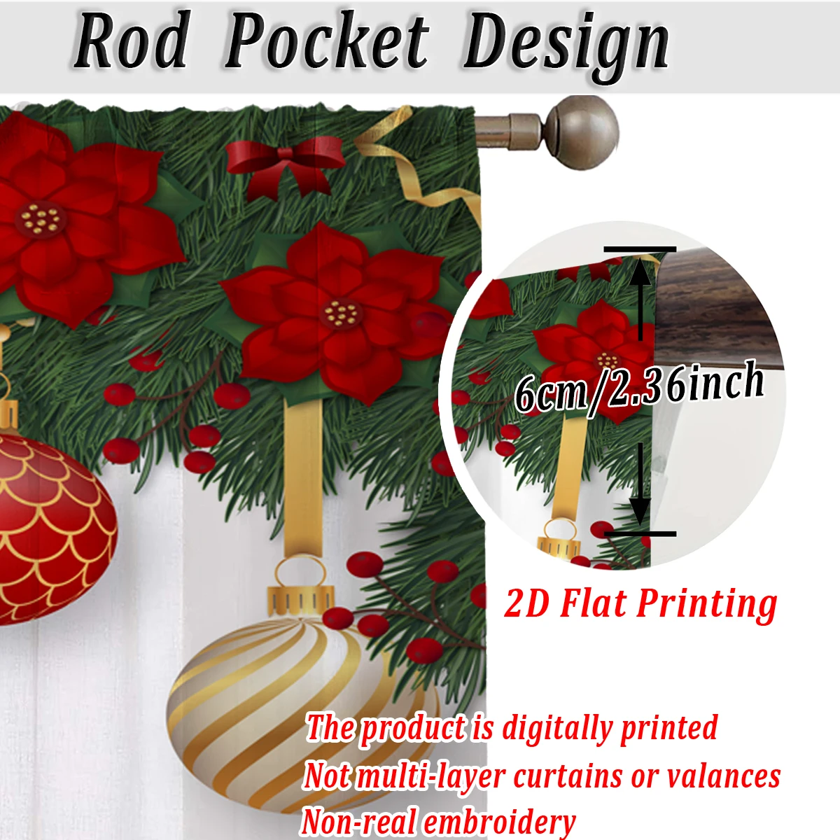 ستارة شفافة للمطبخ بطباعة مسطحة لعيد الميلاد مع كرة عيد الميلاد، جرس البونسيتة، فرع الصنوبر لحفلات ديكور المنزل في عيد الميلاد #4