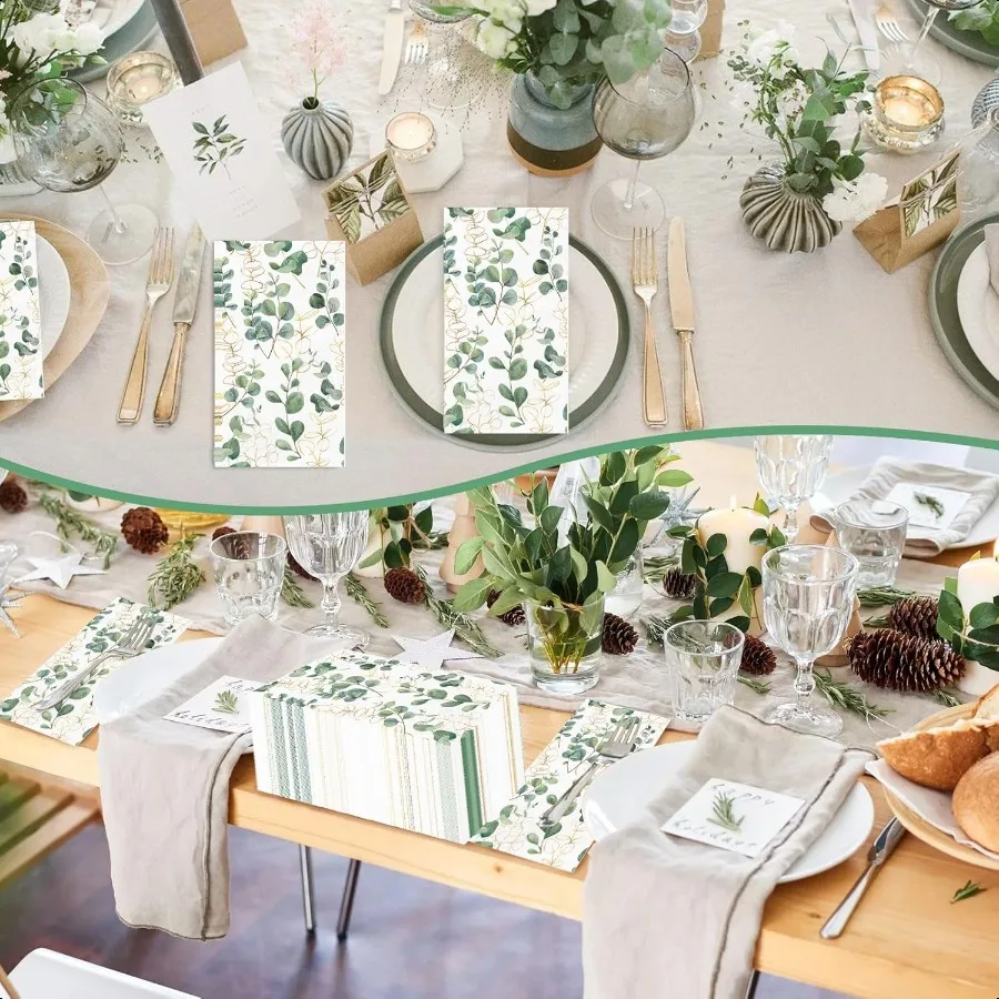 100PCS Greenery Paper Napkins 3 Ply  Hand Towels for Bathroom Green Eucalyptus Leaf Guest Napkins Decorative Dinner Napkins for