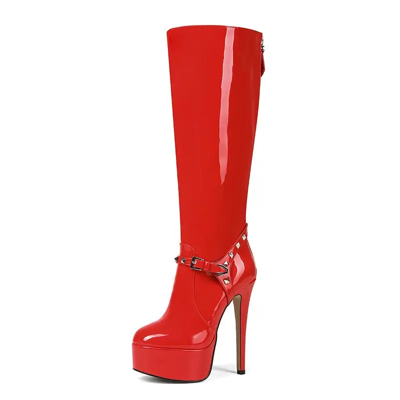 

New European and American Style Red Rivet High Heeled Dance Boots PU Side Zipper Nightclub Sexy and Seductive Women's Boots