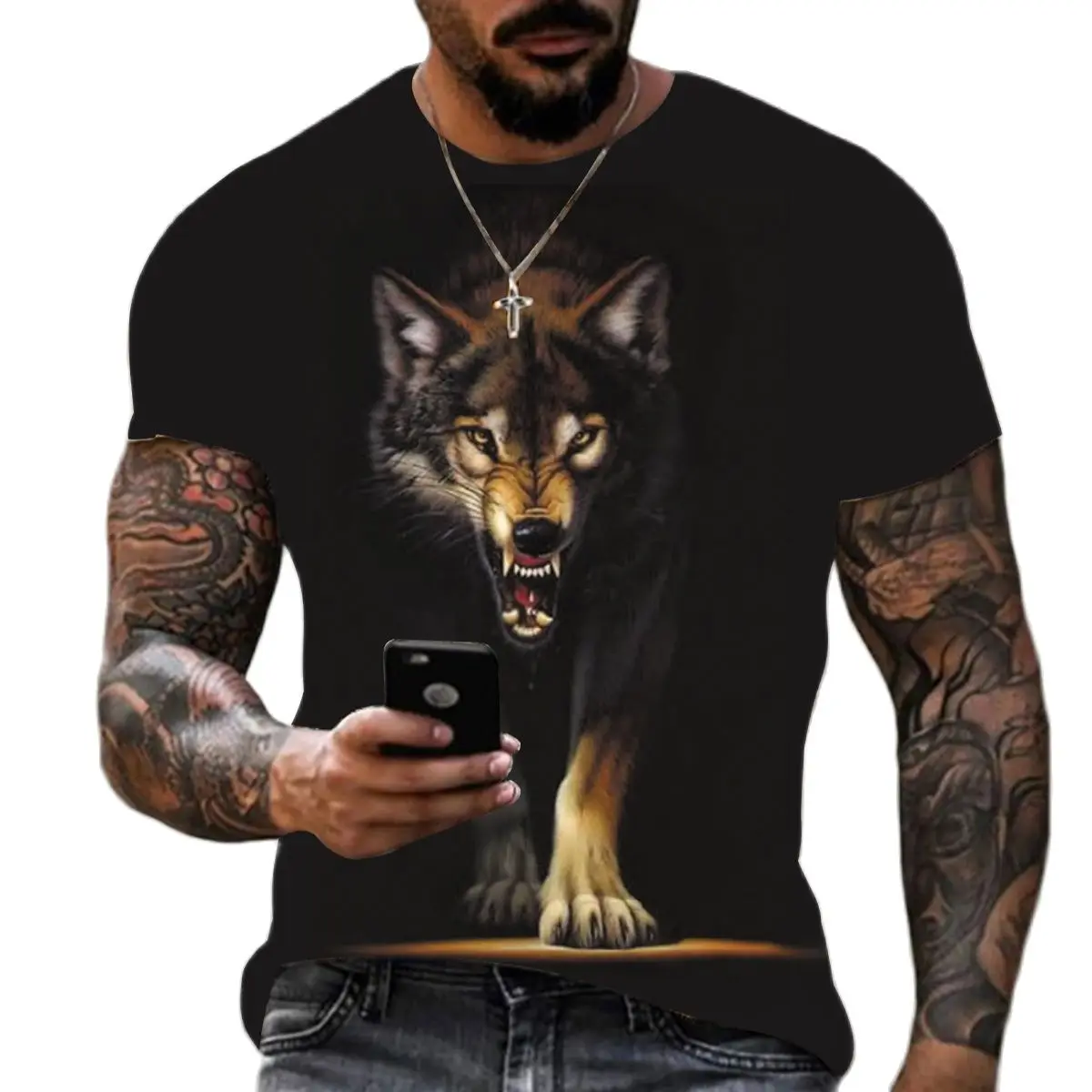 

vAnimal Wolf Printing T Shirt Summer Polyester Round Neck Loose Short Sleeve Streetwear Streetwear Boy T-Shirt Casual Tees Tops