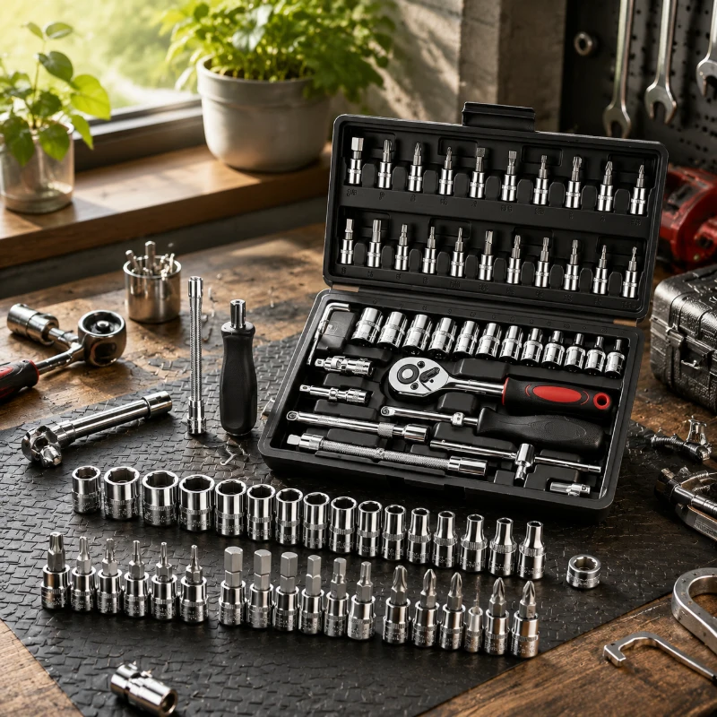 

46Pcs 1/4 Inch Socket Tool Kit, Black Ratchet Wrench Set, Durable Portable Tools for Car and Home Repair Tasks