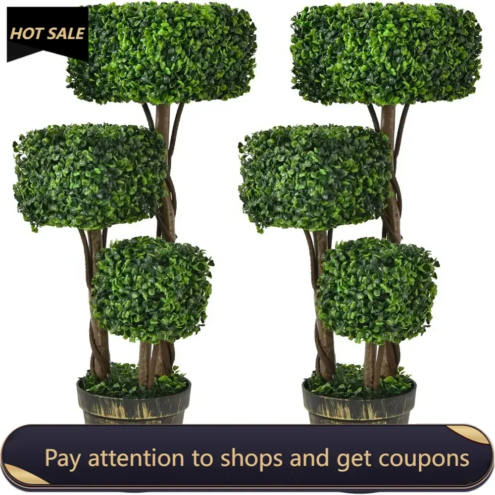 36” 2 Pack Artificial Triple Square Shaped Boxwood Topiary Tree W/Cement-Filled Plastic Pot， Decoration for Home Office Garden