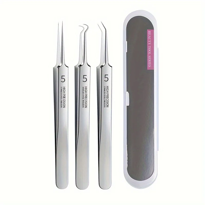 3 Pieces Of Stainless Steel Tweezers In Various Sizes With Storage Box, Super Sharp To Remove Blackheads, Facial Pore Cleaning C