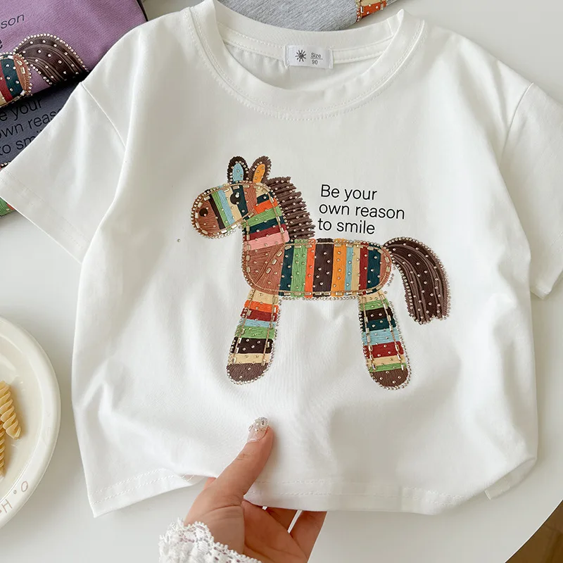 2-10T Toddler Kid Tshirt Baby Boy Girl Summer Clothes Short Sleeve Striped Horse Print Tee Top Cotton Infant T Shrit Outfit