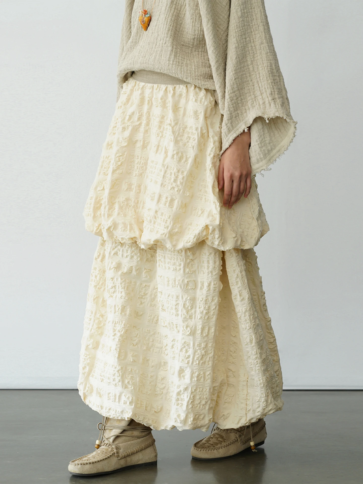 

Artistic Texture Musoom Cake Skirt f-length Spring New Arrival Vintage Gentle Wa Cotton Blend Elastic Mid-waist Zipper