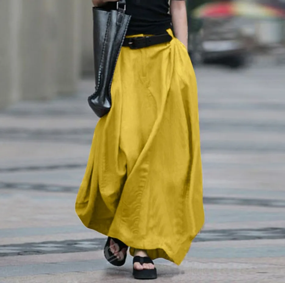 2026 Vintage Summer Skirts Women High Waist Solid Cotton Linen Large Hem Skirt Female Beach Maxi Long Skirts
