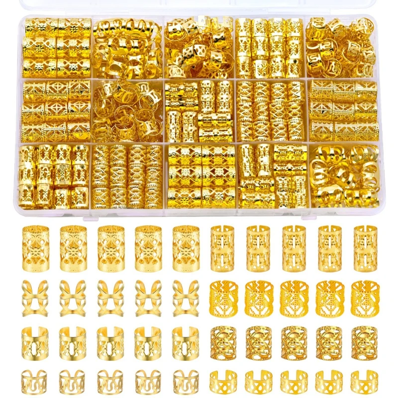

Premium 160PCS Gold Dreadlock Braid Hoops Hollow Design Hair Accessories for DIY Extensions Daily Party Non Slip Lightweigh