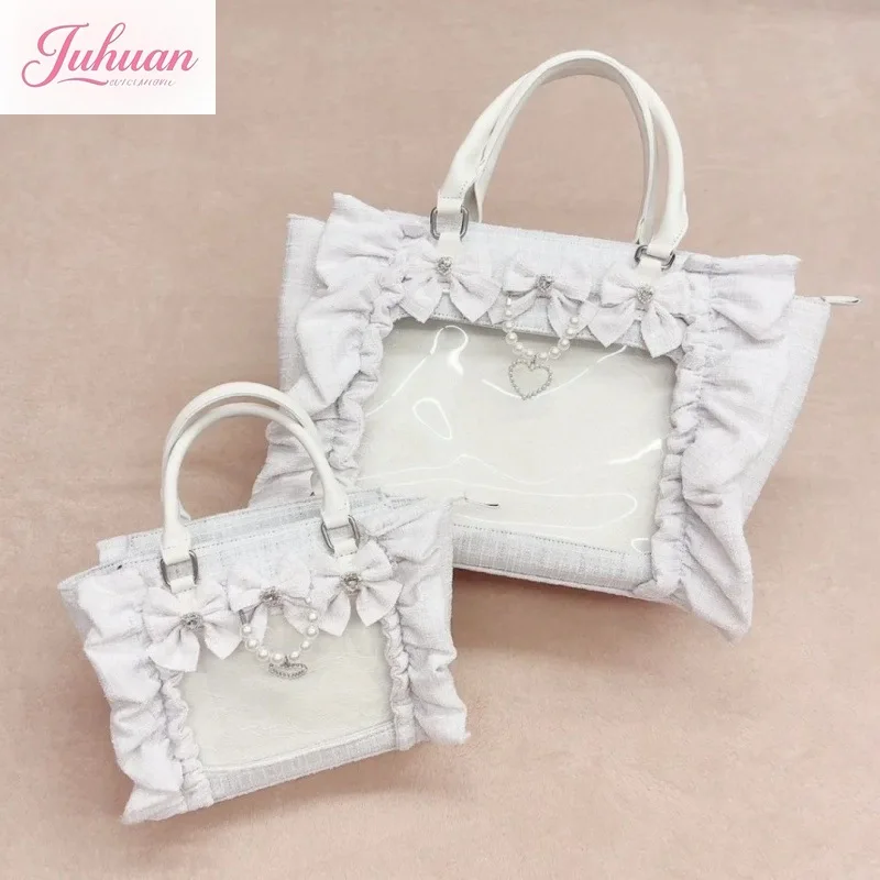 ญี่ปุ่น Lolita หวานกระเป๋าสตรี Mining Tie โปร่งใสปวดกระเป๋า Lotus Leaf Bow Pearl CHAIN แบบพกพาเฉียงกระเป๋าสาว