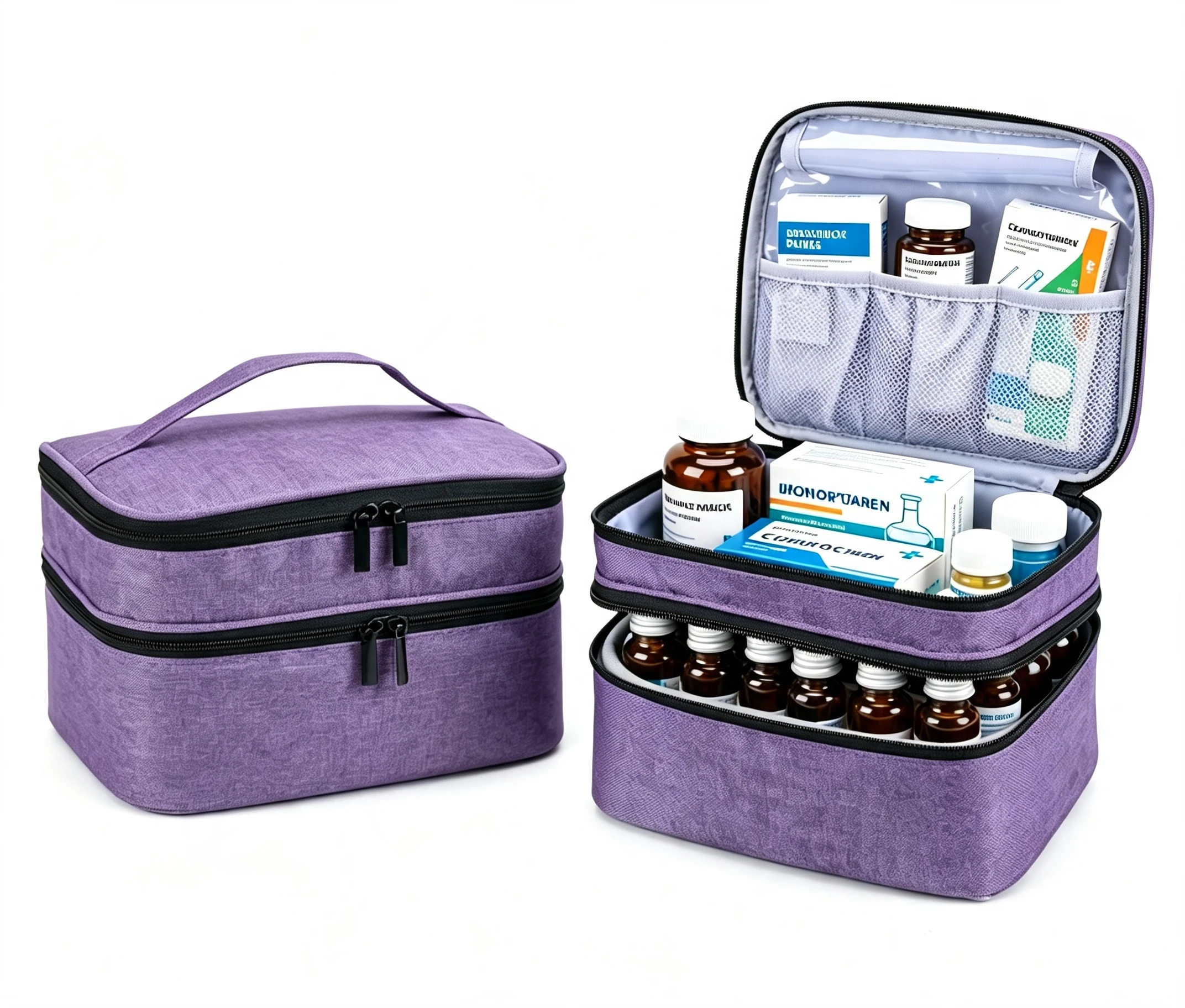 2Pcs Travel Medicine Bag, Double Layer Pill Bottle Organizer with Removable Divider, Portable Empty First Aid Storage Case with Handle, Water Resistant Medical Supply Carrier for Home, Travel, Camping & Car