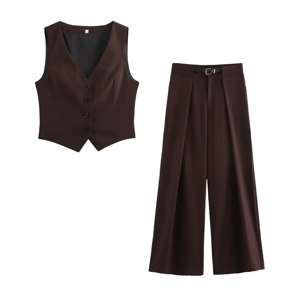 2024 Autumn New Product Casual Versatile Side Split Vest Vest Vest Belt Hundred Fold Wide Leg Pants Set