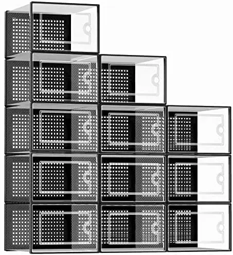 

Kuject 12 Pack Clear Stackable Shoe Boxes - Black Storage Bins for Closet, Under Bed, Entryway, Toys & More
