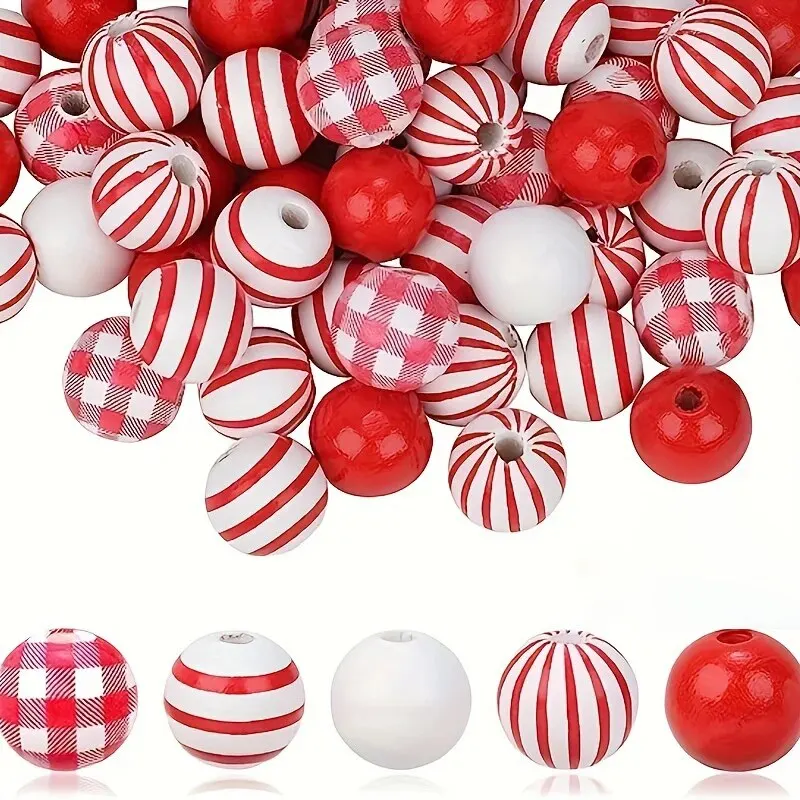 50pcs Red And White Striped Round Wooden Loose Beads, 16mm Polished Spacer Beads With Hemp Rope For Valentine's Day, Holiday