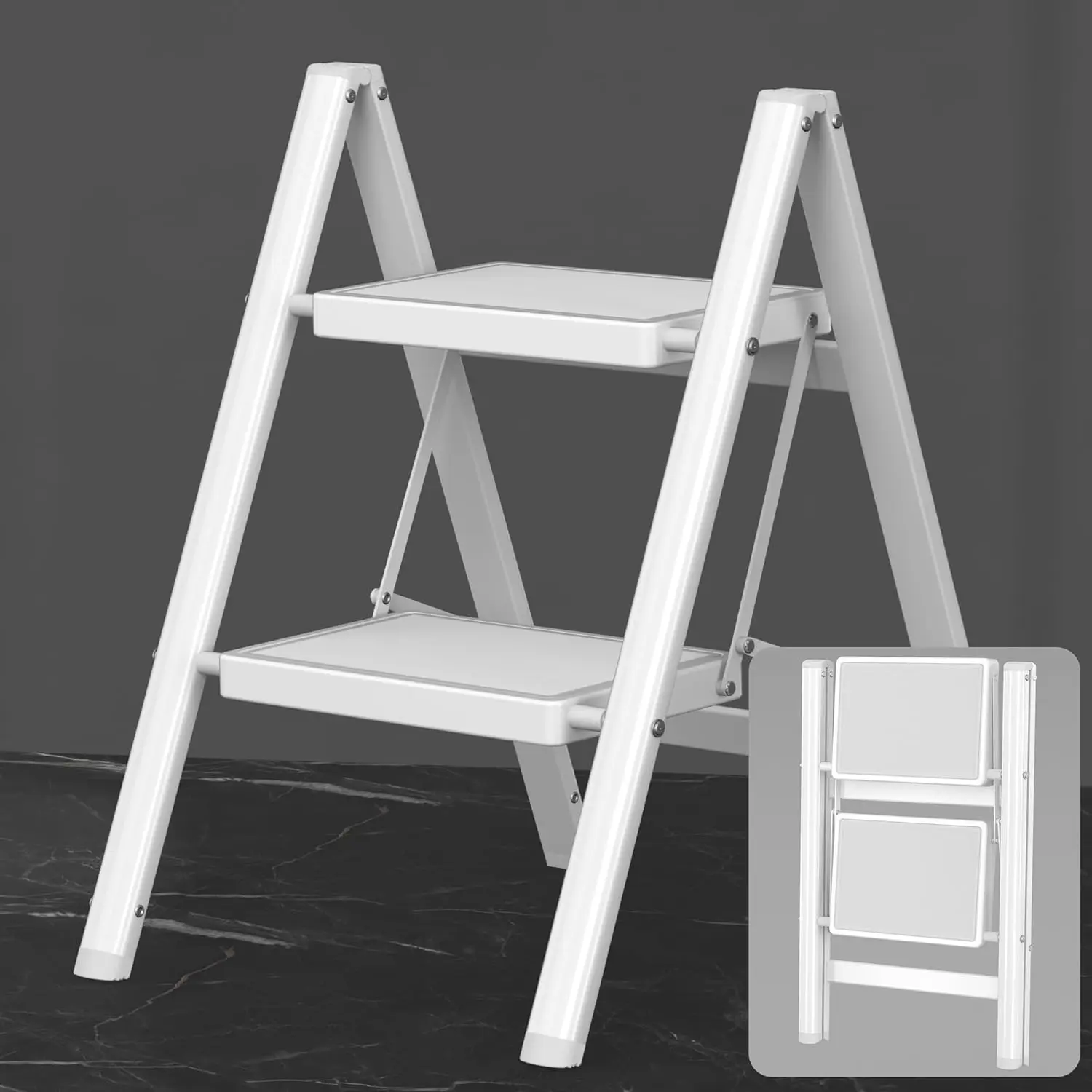 

Folding Steel Step Stool with Anti-Slip Pedal and Feet, Sturdy for Home Office Use in White