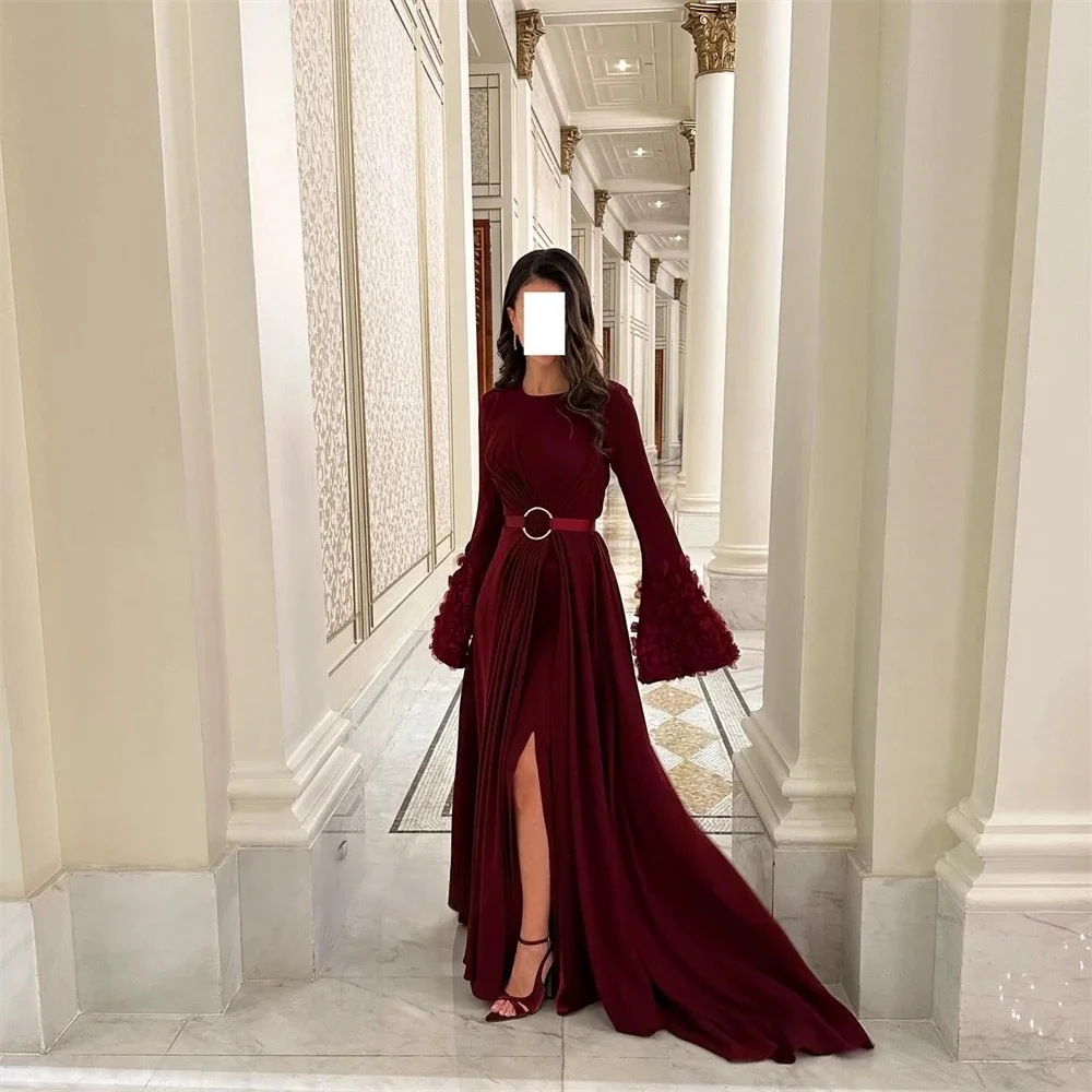 

Slit Floral Long Sleeves Bespoke Occasion Gown Evening Dresses Pastrol Unisex Jersey Retro Dubai Saudi Arabic Prom Customized