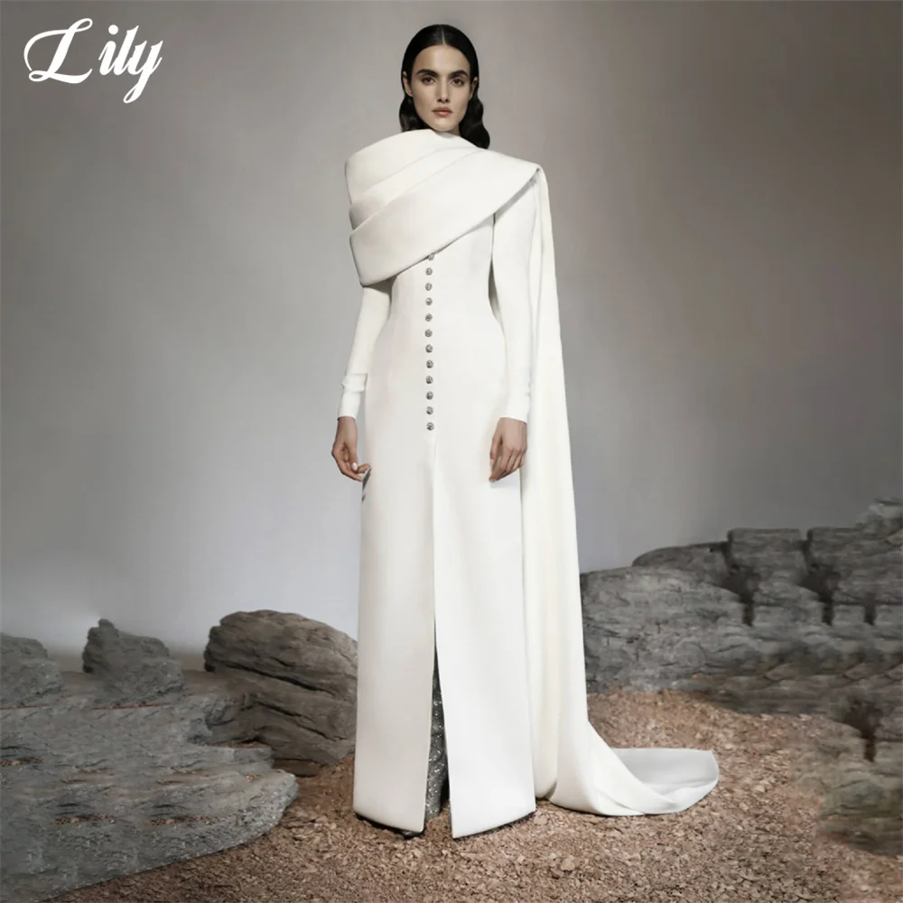 Lily White Beach Formal Dress Full Sleeves Split Party Dress for Wedding Button High Collar Special Occasion Dresses Customized