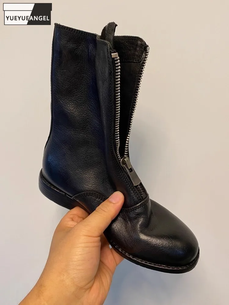 

Women Retro Comfortable Winter Zipper Horsehide Genuine Leather Mid Heel Round Toe Solid Color Ankle Boots Fashion Lady Footwear