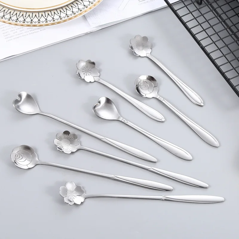 Small Spoon Tableware Stainless Steel Long Handle Stir Coffee Flower Heart Golden Dessert Fork Teaspoon Coffee Accessories