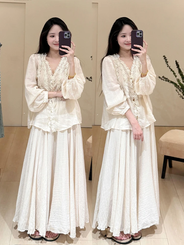 

Summer New Style White Silk Shirt And Half Skirt Set Women's Gentle Korean Fashion Breathable Loose Fit V-Neck High Waist