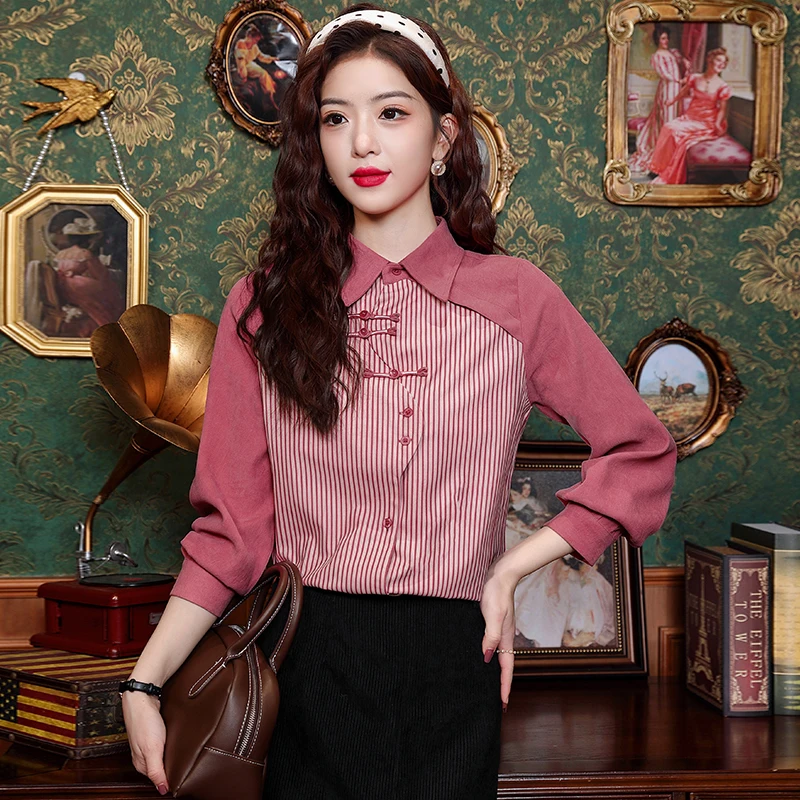 Spring Long Sleeve Turn Down Collar Women Shirt Chinese Style Striped Shirt Blouse Women Tops  Blusas Mujer De Moda 2024 J857