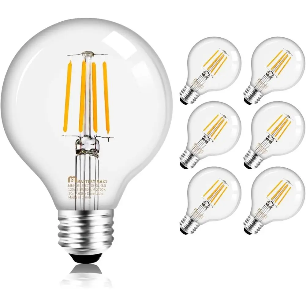 

G25 Globe Light Bulbs, Dimmable, E26 Base, 60W Equivalent, 2700K Sot White, Vintage ilament or Bathroom Mirror, 5.5W LED, UL Lis