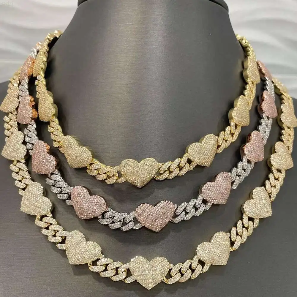 

Diamond 12mm Heart Cuban Eternity Necklace Available in White-rose-ywllow Gold Cuban Link Chain
