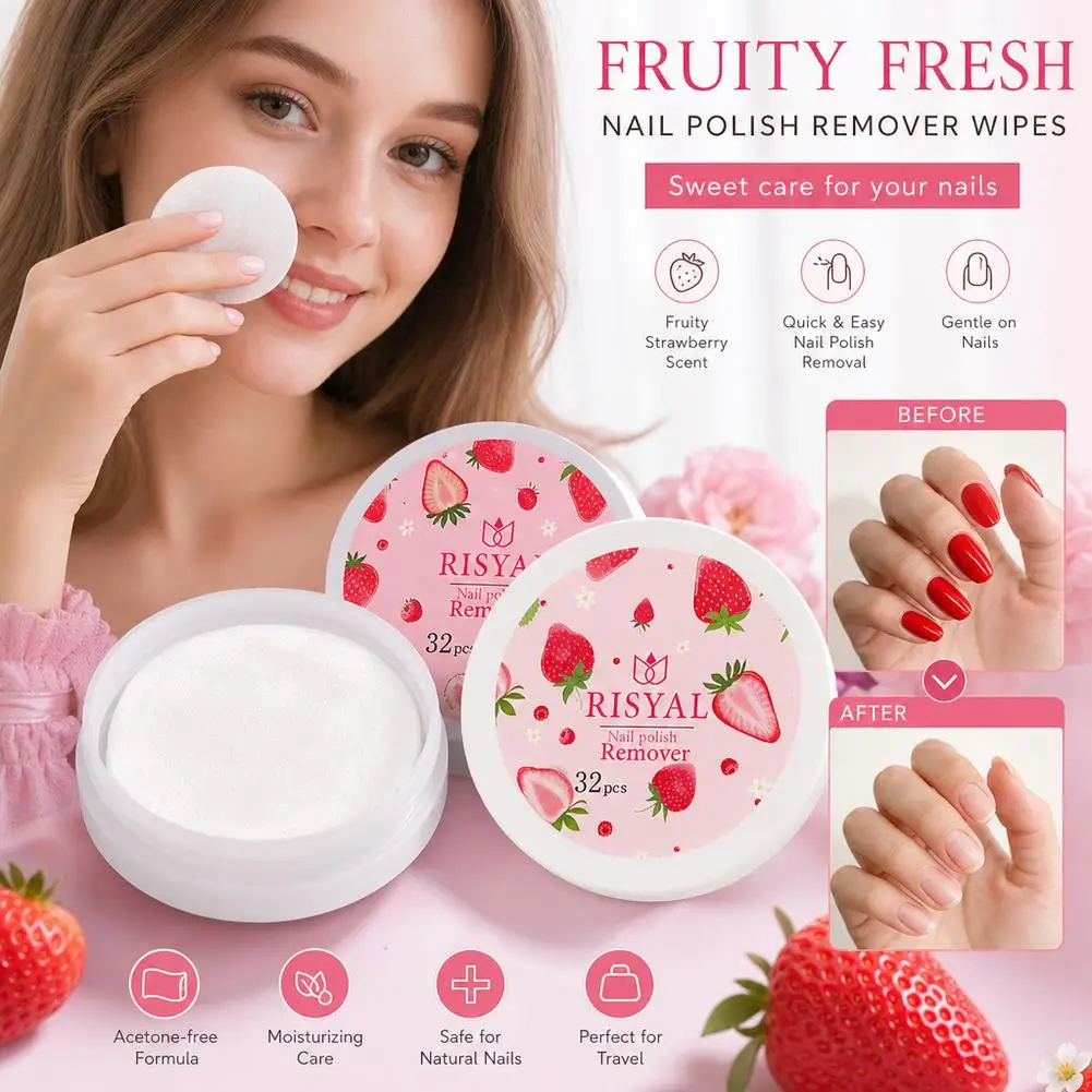 32pcs/Box Strawberry Nail Polish Remover Pads Fruity Scent Disposable Nail Polish Remover Wipes Moisturizing Nail Cleansing Pads