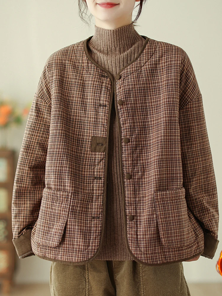 Retro a cuadros Thiened algodón Jaet mujer invierno suelto ajustado redondo Ne algodón abrigo botón detalle largo Sve Commute Sle