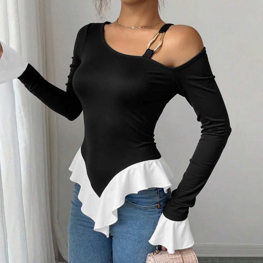 2025 New Black Single Shoulder Camisole Autumn Winter Top y2k Women Irregular Ruffle Sexy Bodysuit Women White Contrasting Tops