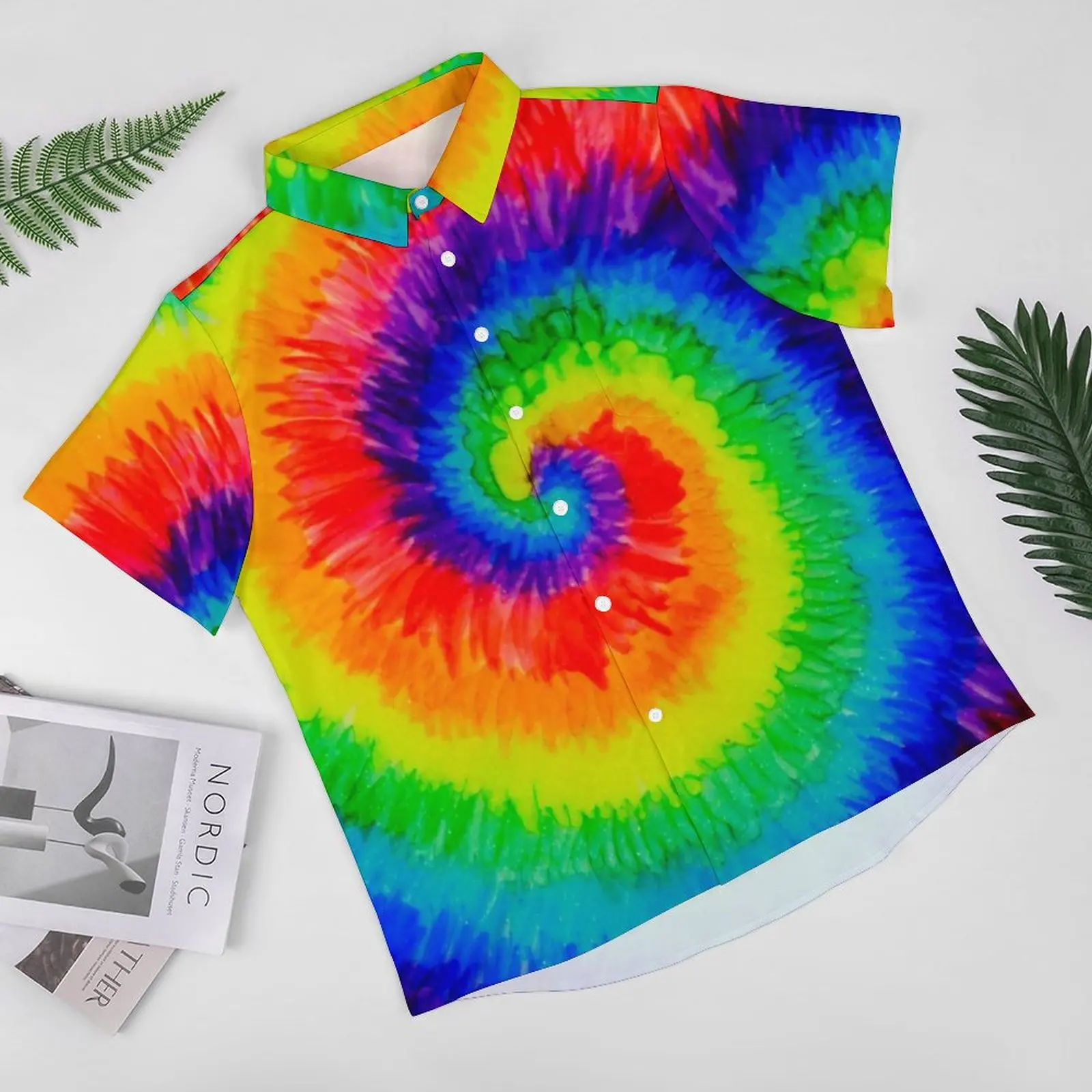 Rainbow Tie Dye Hawaiian Shirt Mens Psychedelic Hippie Print Casual Shirts Blouses Short Sleeve Cool Oversized