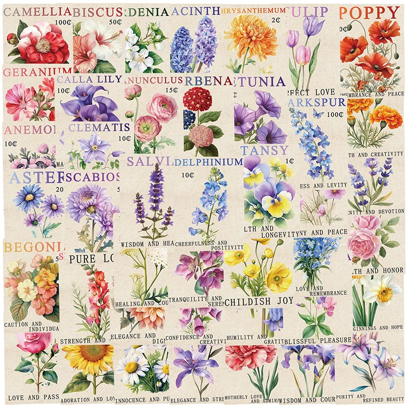 50PCS Vintage Flower Postage Stamp Graffiti Stickers Aesthetic Botanical Decorative Notebook Guitar Envelope Decals Kid Toy Gift