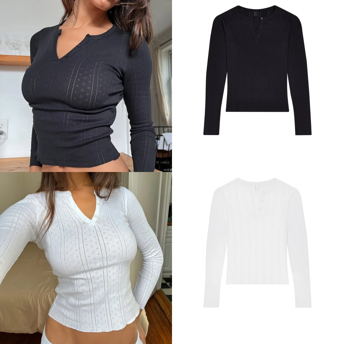 Cou Schwarz-weißes Langarm-Oberteil mit V-Ausschnitt, Slim-Fit-Basishemd aus reiner Baumwolle, langes Jacquard-T-Shirt mit Vintage-Henry-Kragen und Hohlstrickoberteil, Herbst- und Winter-Basishemd, lässige Heimkleidung für die Paarung im Freien