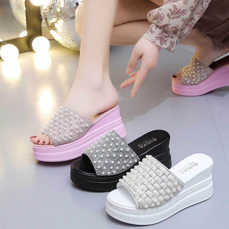 pearl white pink slippers Flip Flops Women shoes Slippers Platform Summer Shoes Open Toe Wedges Sandals Ladies Shoes women heels