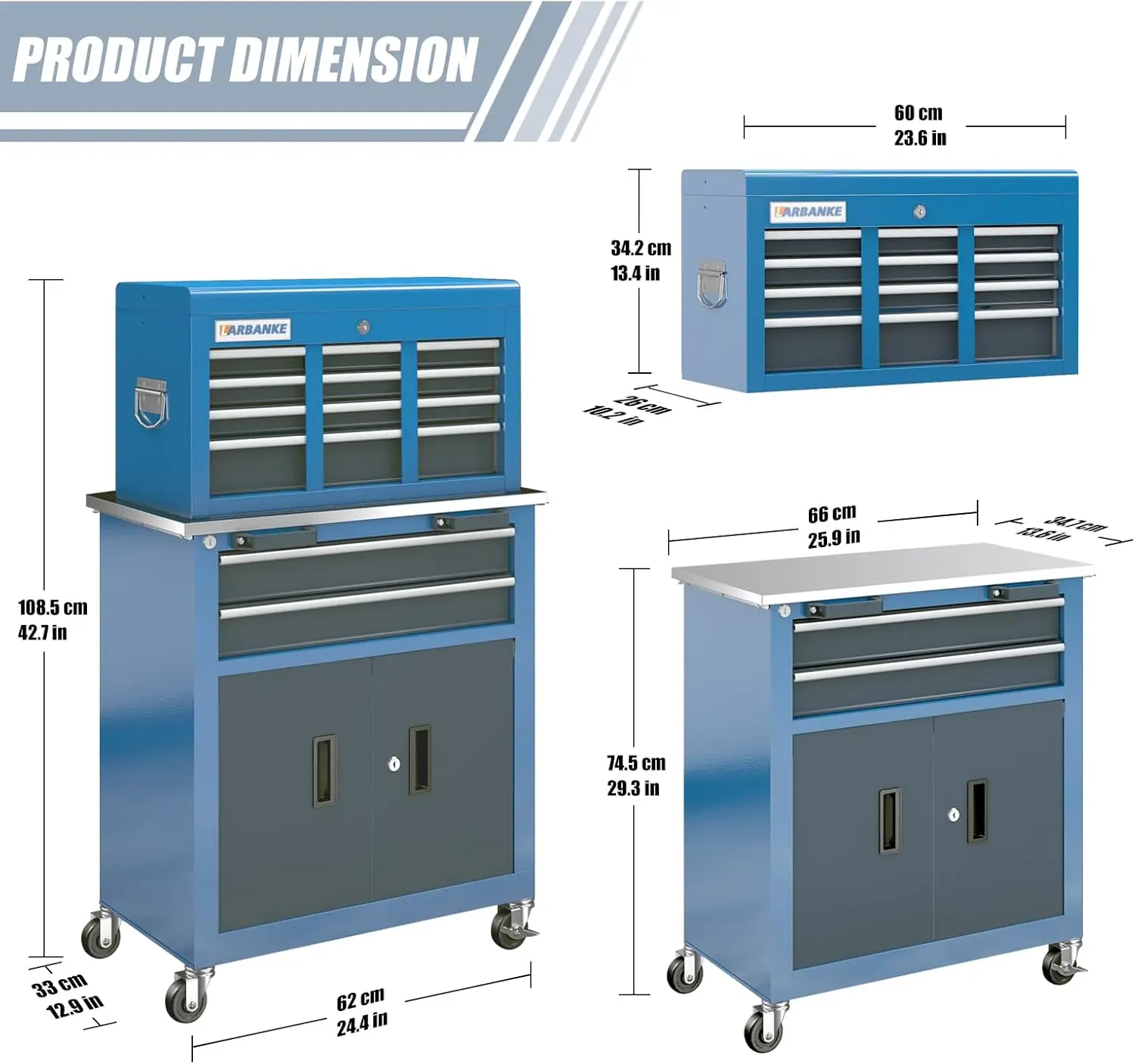 8-Drawer Rolling Tool Chest with Wheels and Door, Sliding Drawer, Stainless Steel Countertop, Large Workbench Forming Tool Chest