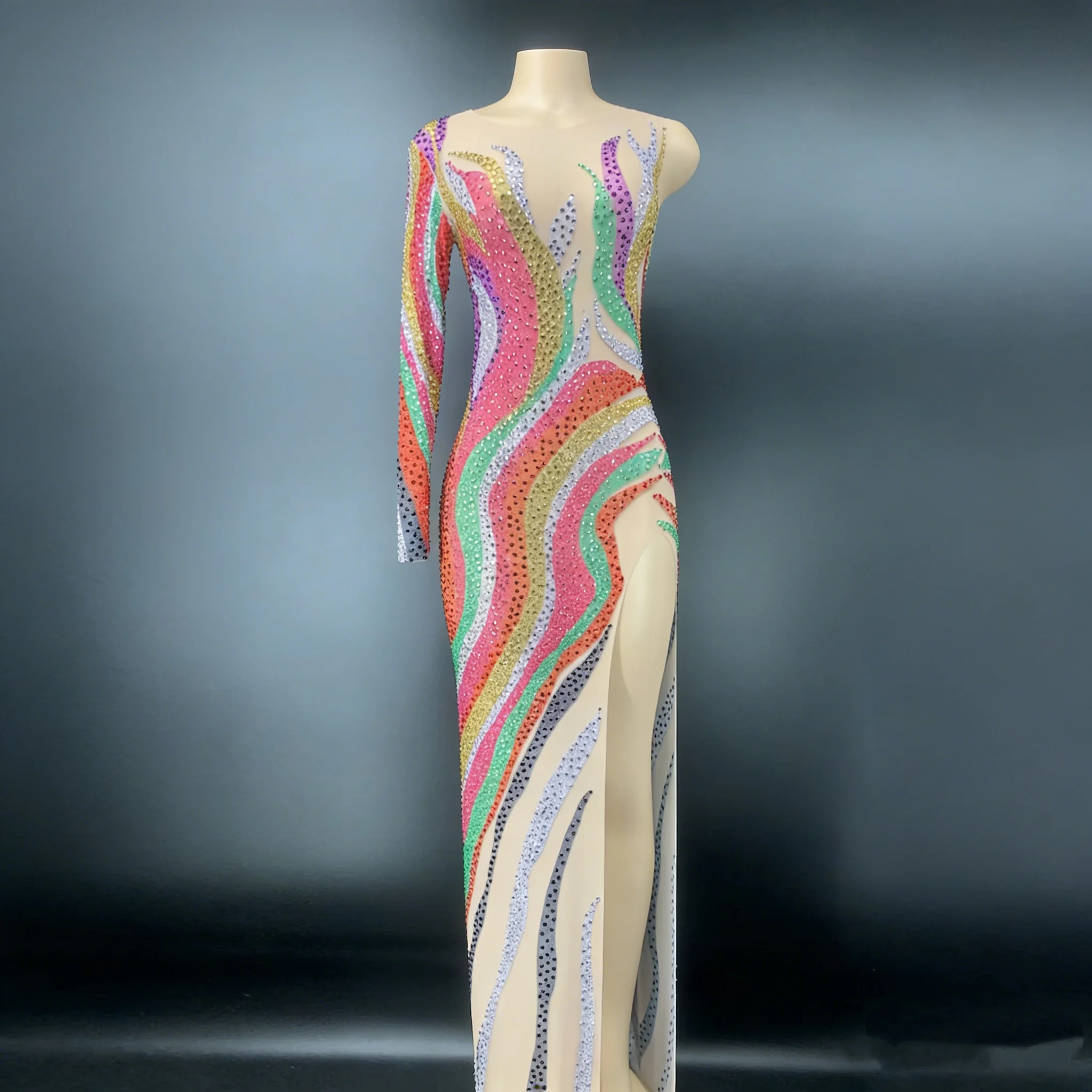 

Sparkly Rainbow Rhinestone Sheer Maxi Dress Women One Sleeve Split Thigh Beaded Mesh Evening Party Prom Gown Clubwear Caihong