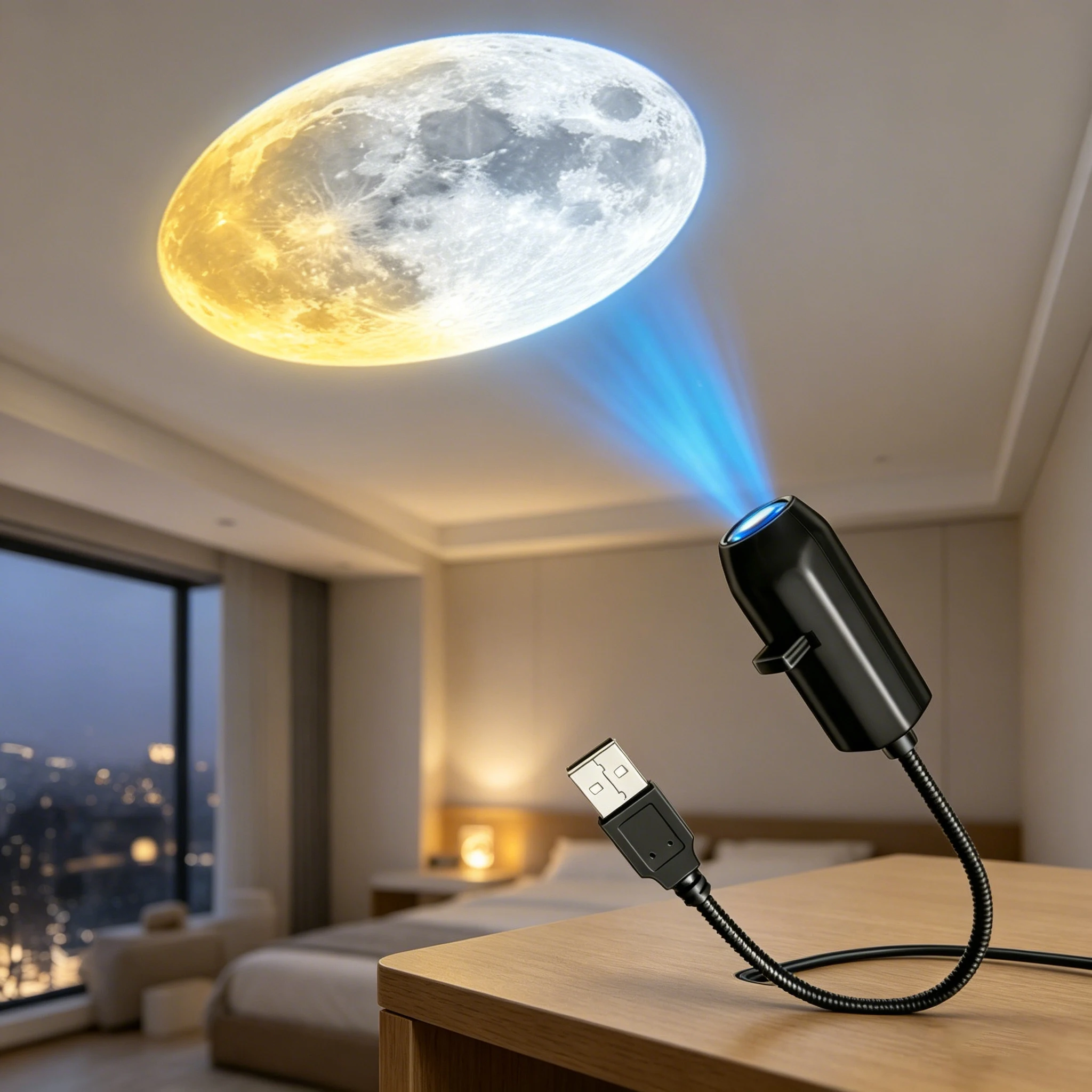 LED Moon Planetary Projection Light 5V USB 3 Color Moon Atmosphere Night Light for Room Ceiling Window Wall Decor 360° Rotate