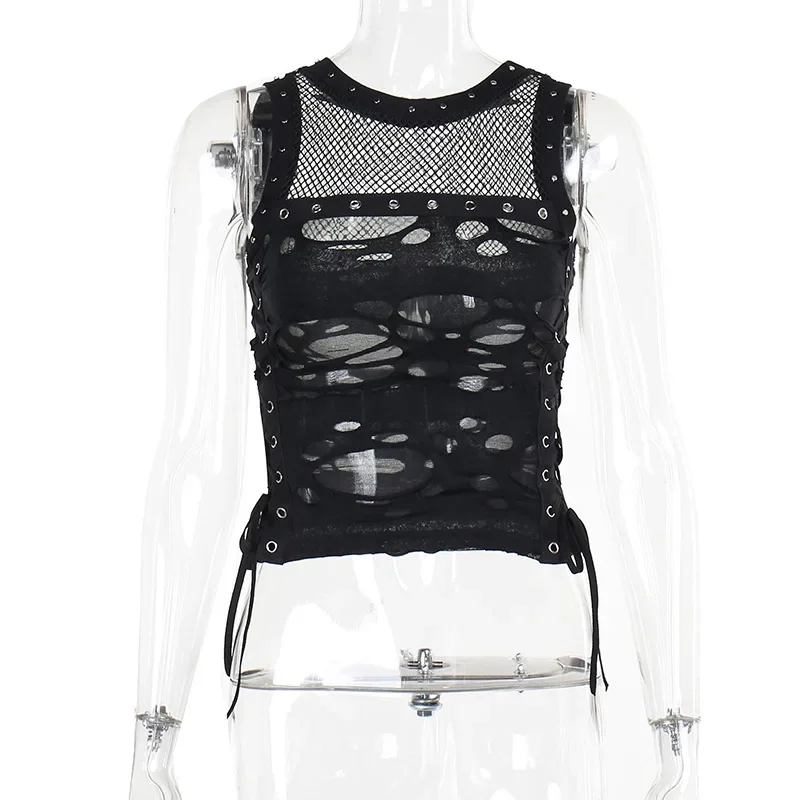 

Emo Streetwear Mall Gothic Vest Women Y2k Sexy Hole See Through Lace-up Crop Tank Tops New Fashion Cyber Punk Rave Outfits Femme