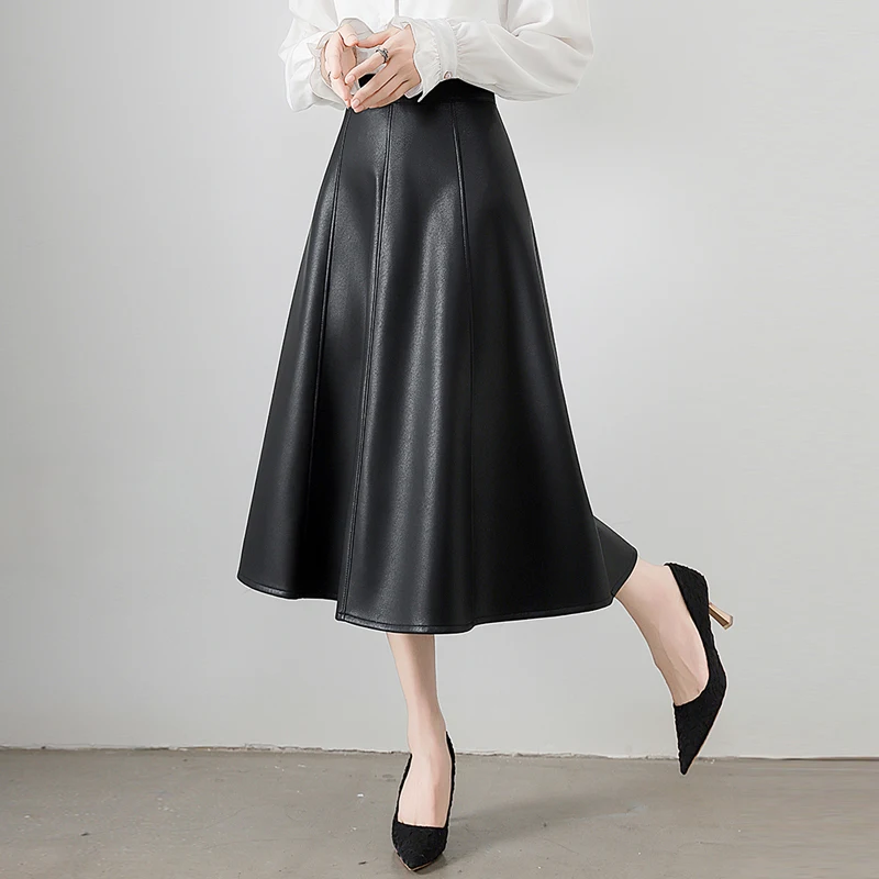 Jupes trapèze classiques en Faux cuir PU pour femmes, café noir, nouvelle collection printemps-automne 2026, taille haute, couleur unie, Chic, parapluie, jupes de bureau